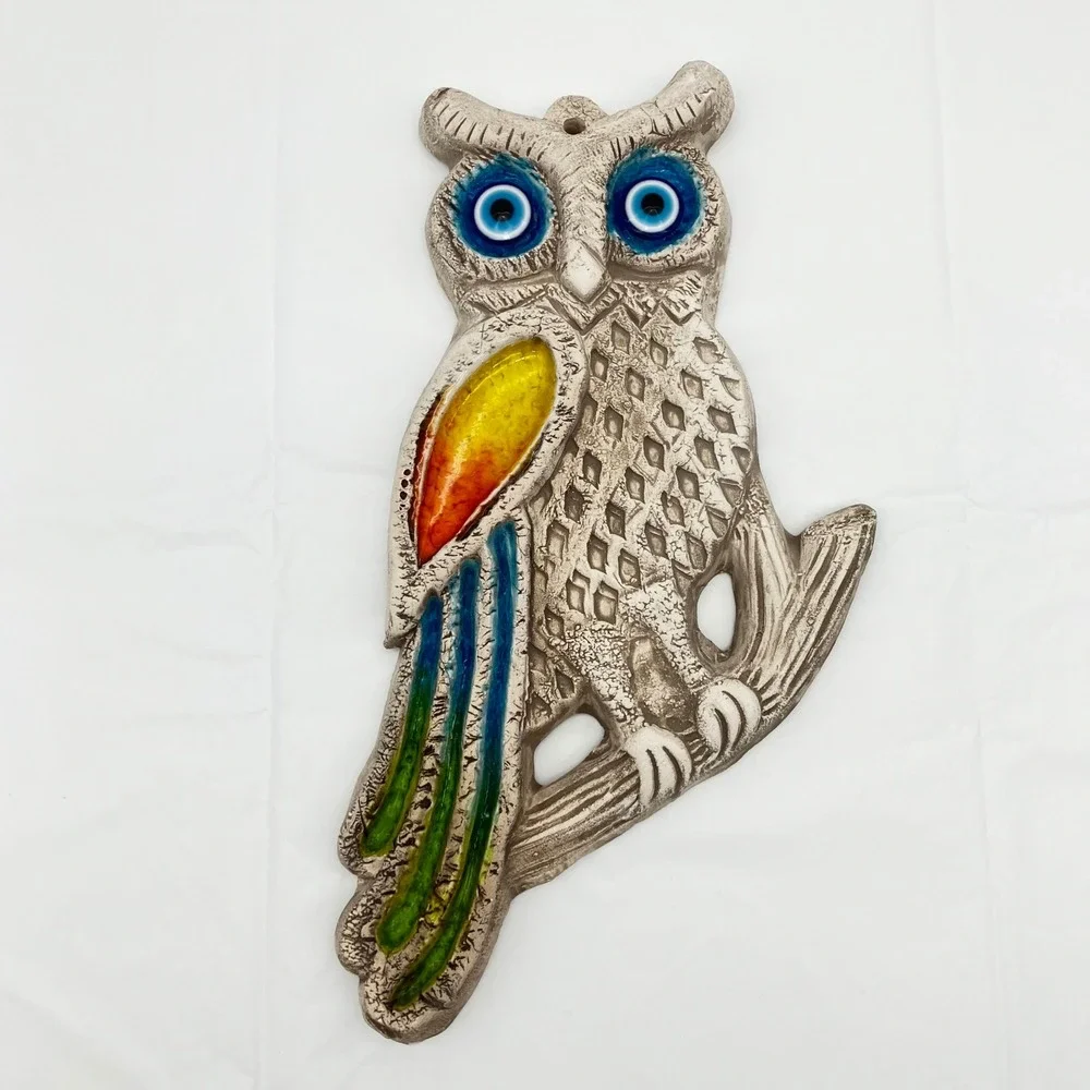 Wall Plaque Ceramic Owl Evil Eye 11.5in Multicolor Boho Decor